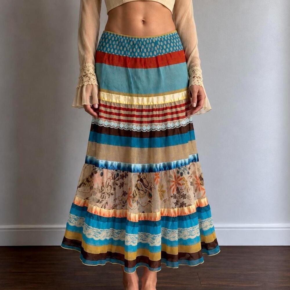 Vintage Designer Mary Kate And Ashley Y2K Patchwork Boho Lace Midi Skirt Size S